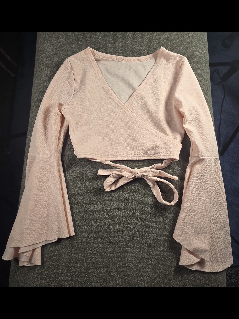 SHEIN Light Pink Wrap Crop Top with Bell Sleeves